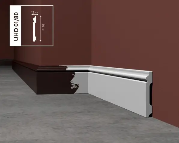 Напольный влагостойкий плинтус под покраску UHD 01/80 (2.4m) Напольный влагостойкий плинтус под покраску UHD 01/80 (2.4m)