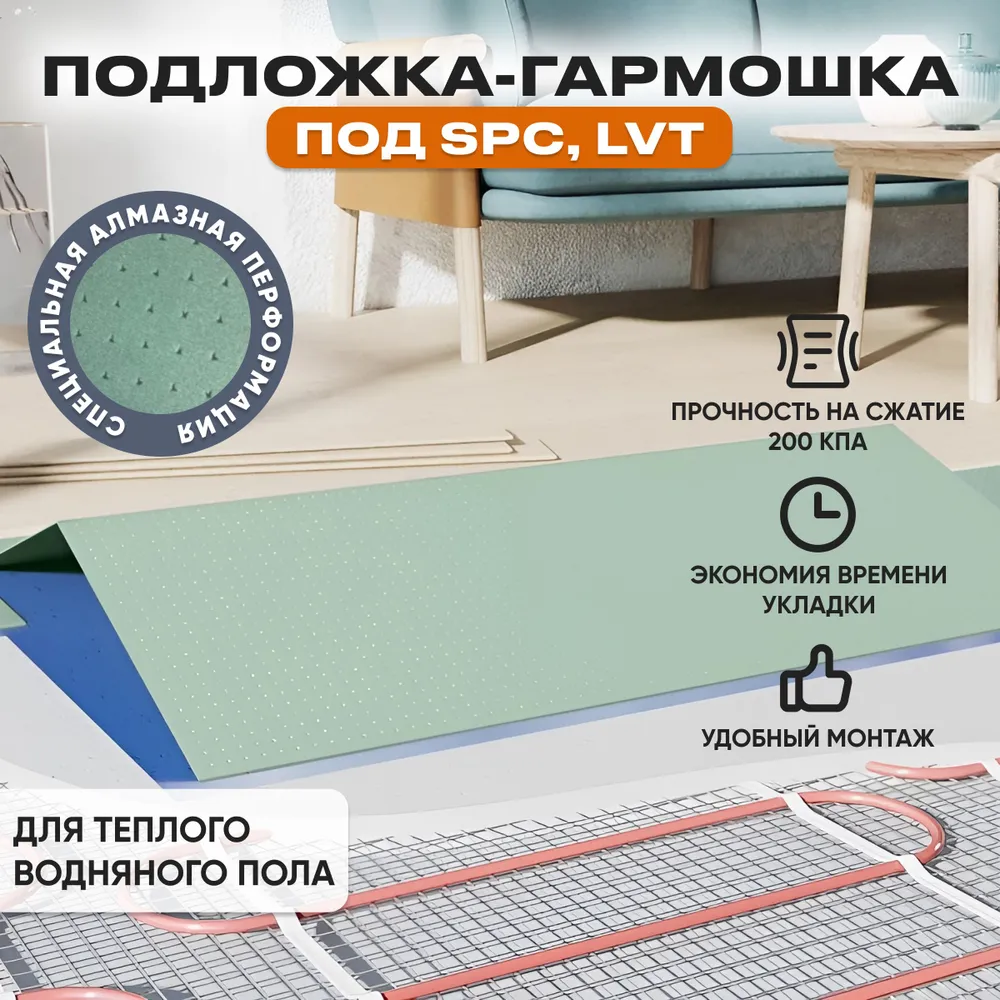 Подложка гармошка перфорир. для теплых водяных полов под LVT,SPC (10,5м2/200кПА) Подложка гармошка перфорир. для теплых водяных полов под LVT,SPC (10,5м2/200кПА)
